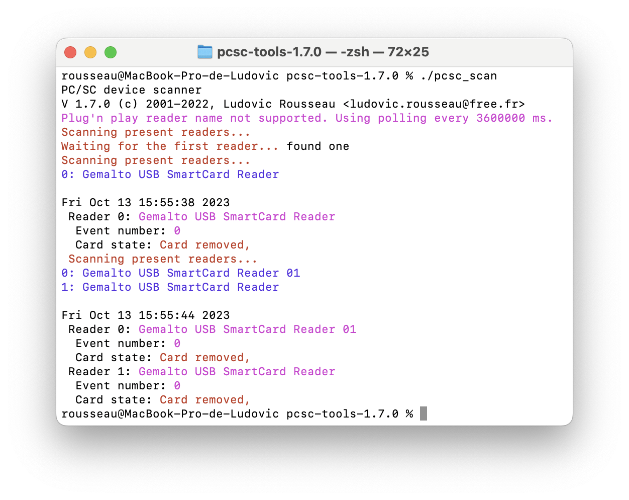 screenshot of the pcsc_scan command on Sonoma
